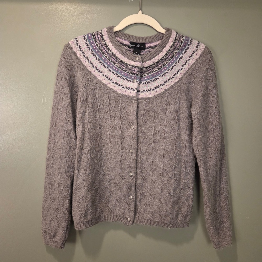 Mercer & Madison Women's Button Up Cardigan Angora Blend Size M Gray Fair Isle